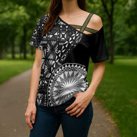 Black Tongan Ngatu Fonulei Pattern Cross Shoulder Shirt LT9 - Polynesian Pride