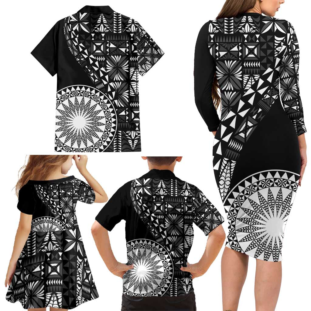 Black Tongan Ngatu Fonulei Pattern Family Matching Long Sleeve Bodycon Dress and Hawaiian Shirt