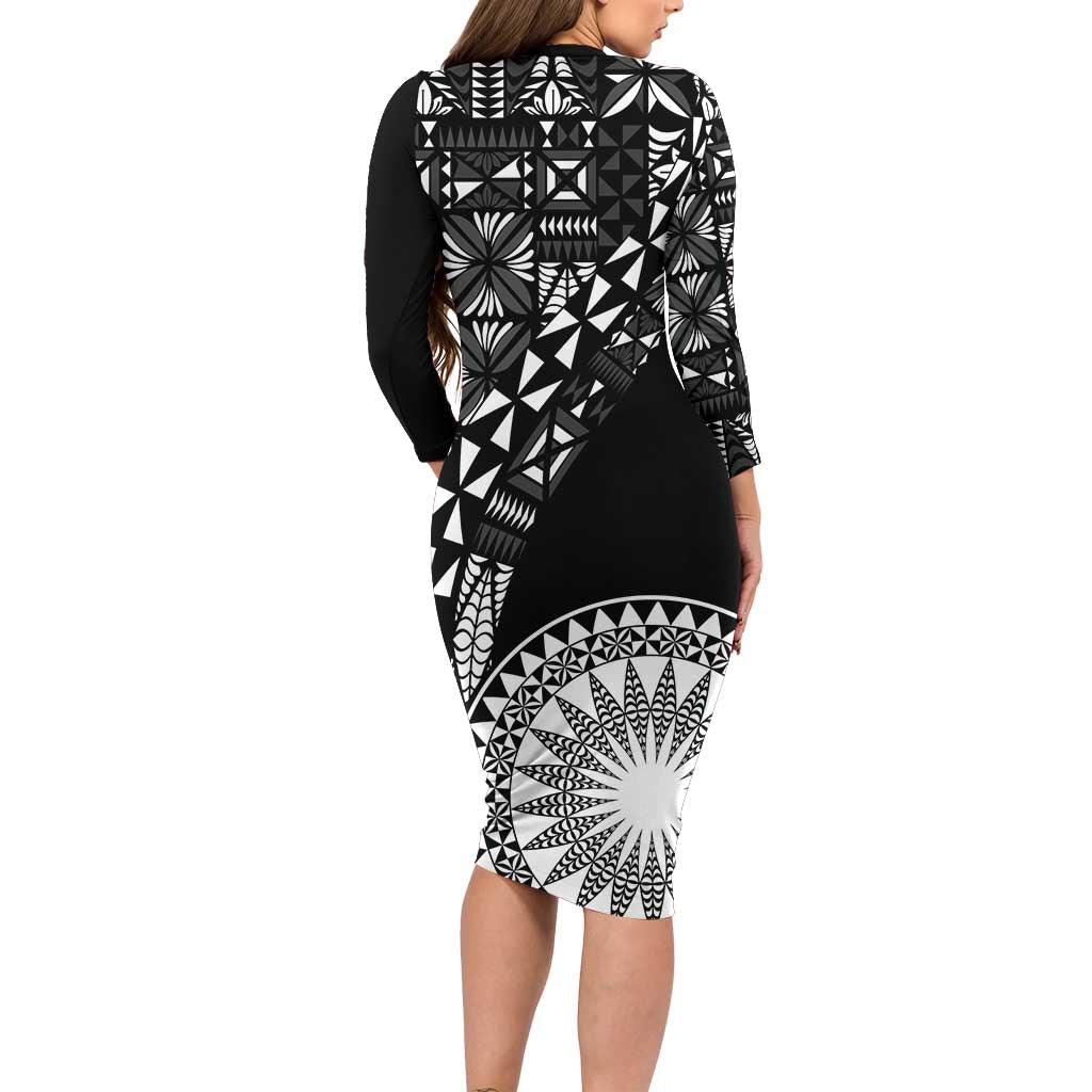 Black Tongan Ngatu Fonulei Pattern Family Matching Long Sleeve Bodycon Dress and Hawaiian Shirt