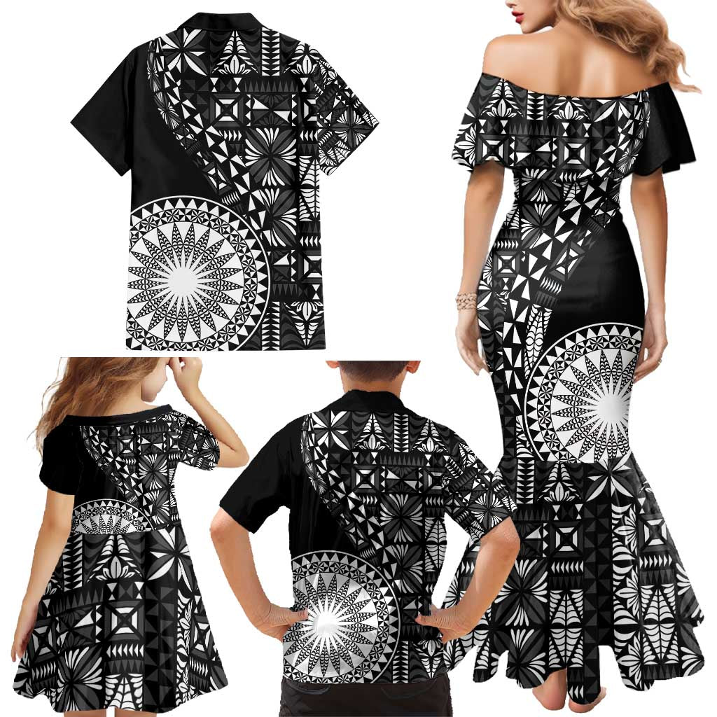 Black Tongan Ngatu Fonulei Pattern Family Matching Mermaid Dress and Hawaiian Shirt