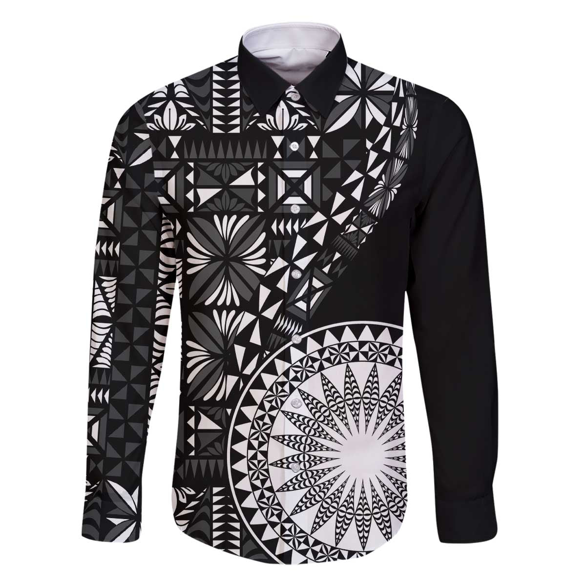 Black Tongan Ngatu Fonulei Pattern Family Matching Off The Shoulder Long Sleeve Dress and Hawaiian Shirt