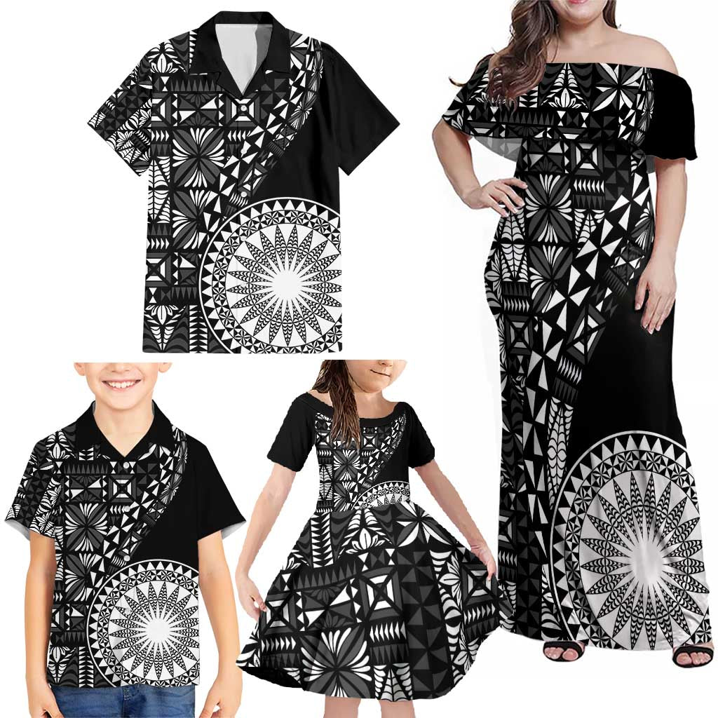 Black Tongan Ngatu Fonulei Pattern Family Matching Off Shoulder Maxi Dress and Hawaiian Shirt