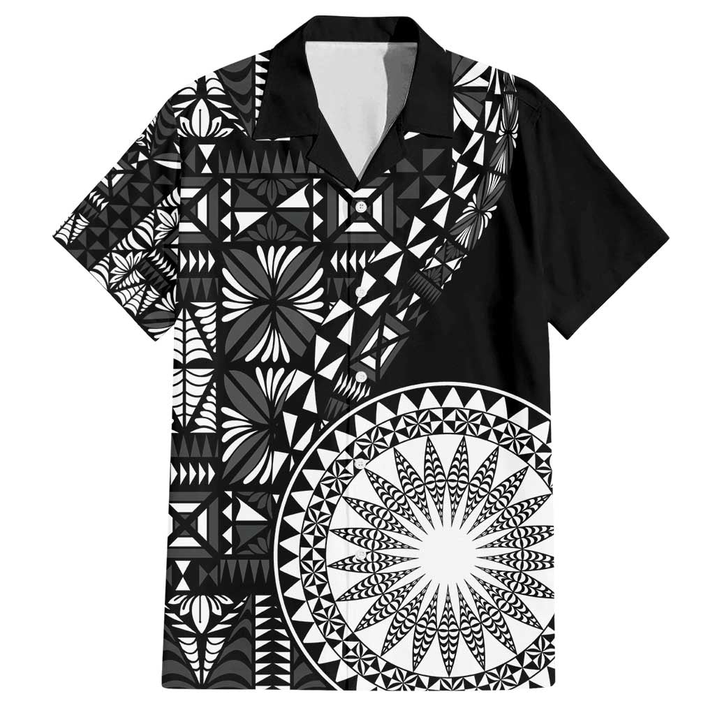 Black Tongan Ngatu Fonulei Pattern Family Matching Off Shoulder Maxi Dress and Hawaiian Shirt