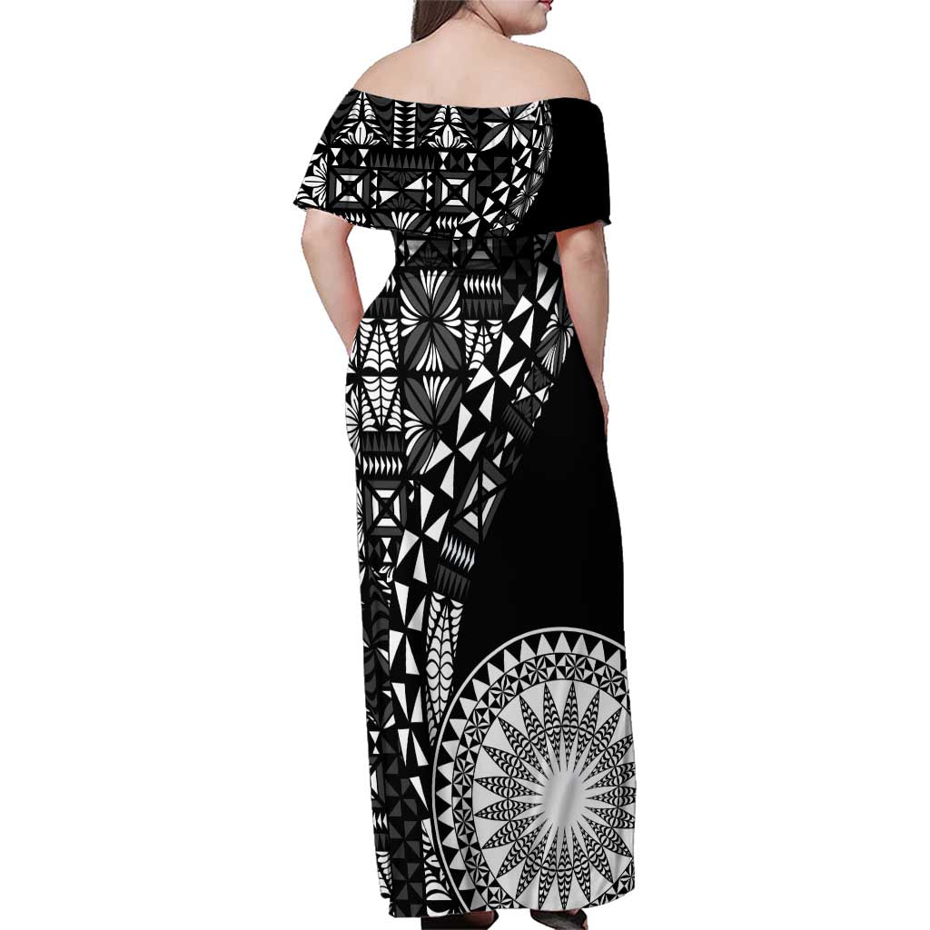 Black Tongan Ngatu Fonulei Pattern Family Matching Off Shoulder Maxi Dress and Hawaiian Shirt