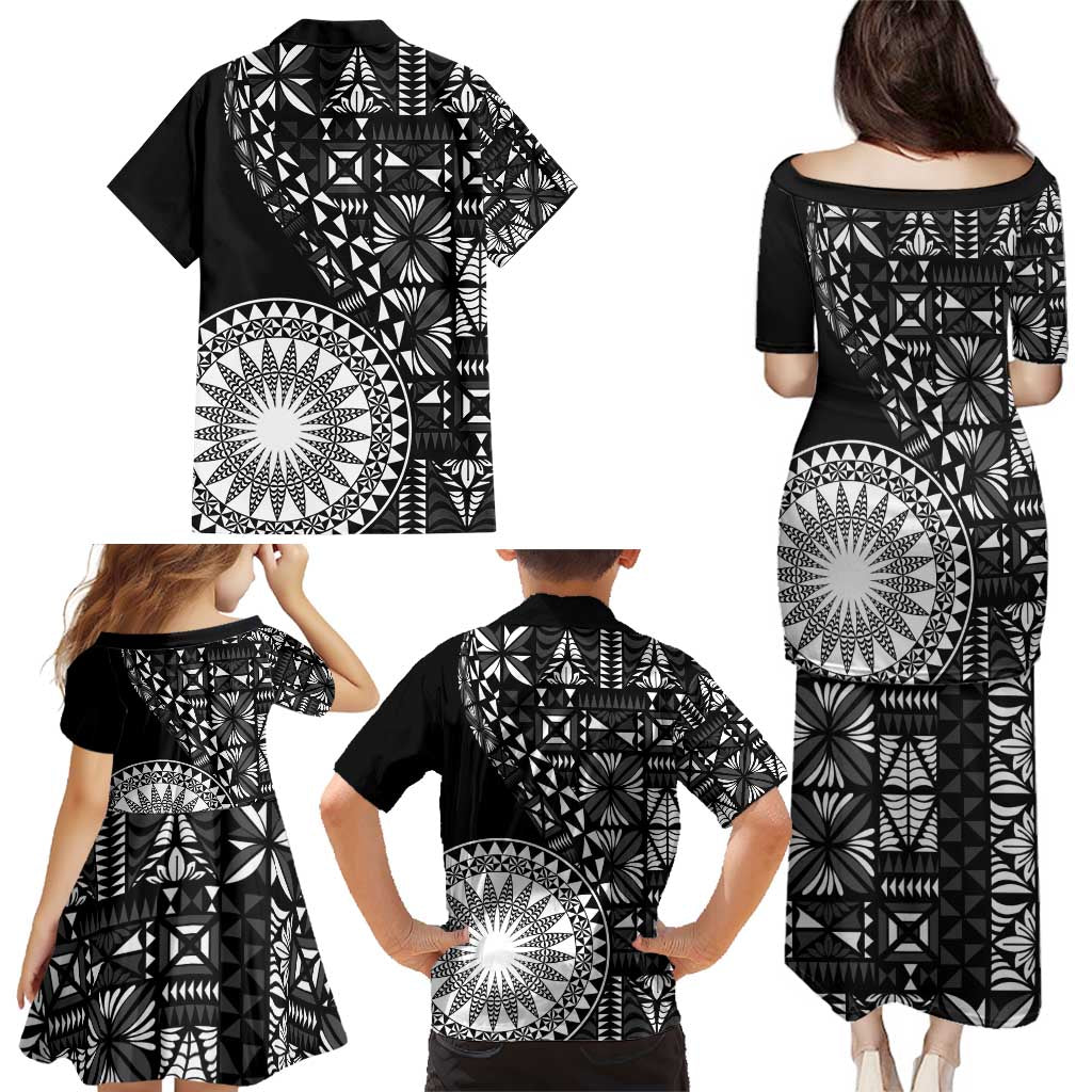 Black Tongan Ngatu Fonulei Pattern Family Matching Puletasi and Hawaiian Shirt