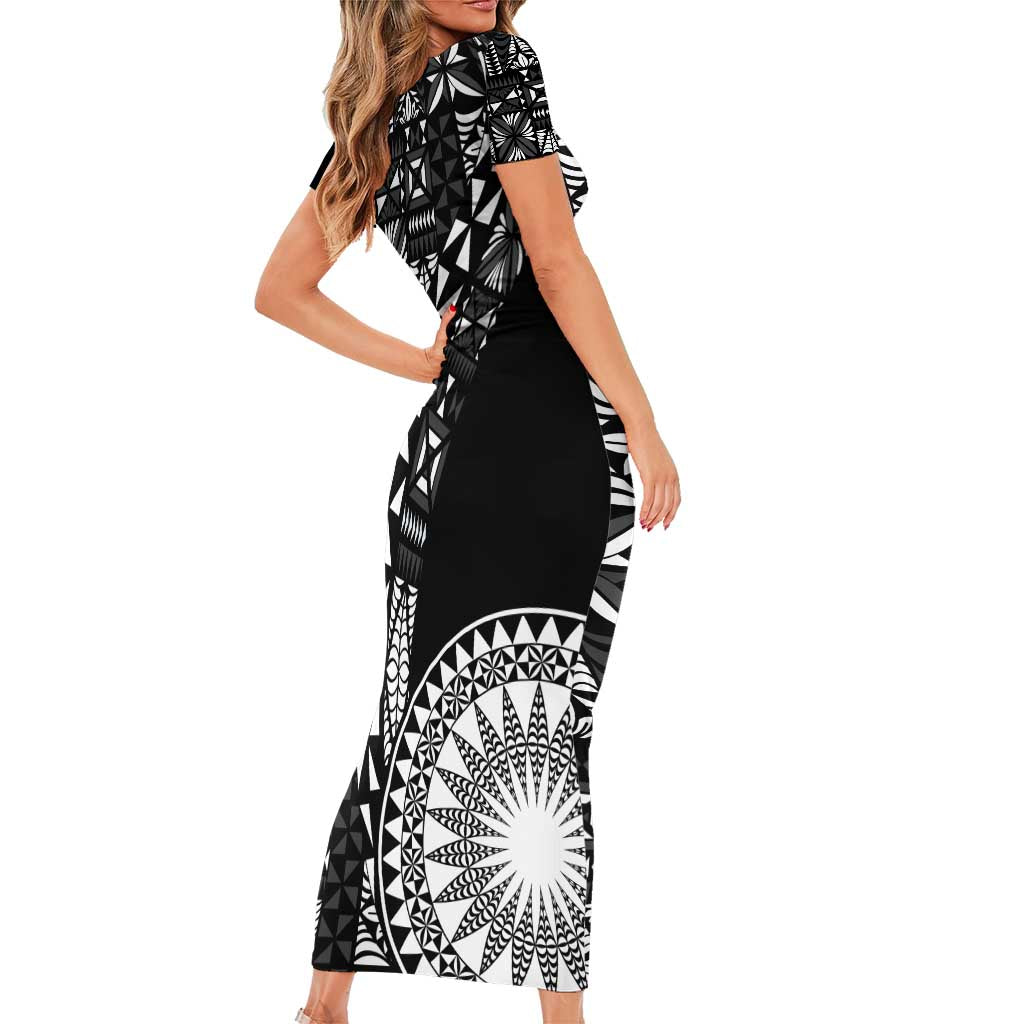 Black Tongan Ngatu Fonulei Pattern Family Matching Short Sleeve Bodycon Dress and Hawaiian Shirt
