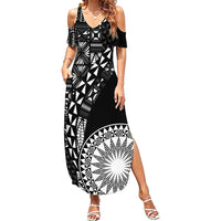 Black Tongan Ngatu Fonulei Pattern Family Matching Summer Maxi Dress and Hawaiian Shirt