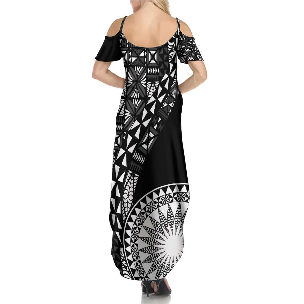 Black Tongan Ngatu Fonulei Pattern Family Matching Summer Maxi Dress and Hawaiian Shirt