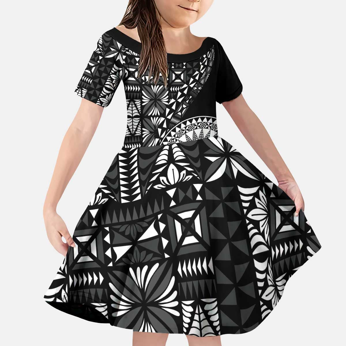 Black Tongan Ngatu Fonulei Pattern Kid Short Sleeve Dress LT9 KID Black - Polynesian Pride