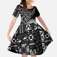 Black Tongan Ngatu Fonulei Pattern Kid Short Sleeve Dress LT9 KID Black - Polynesian Pride