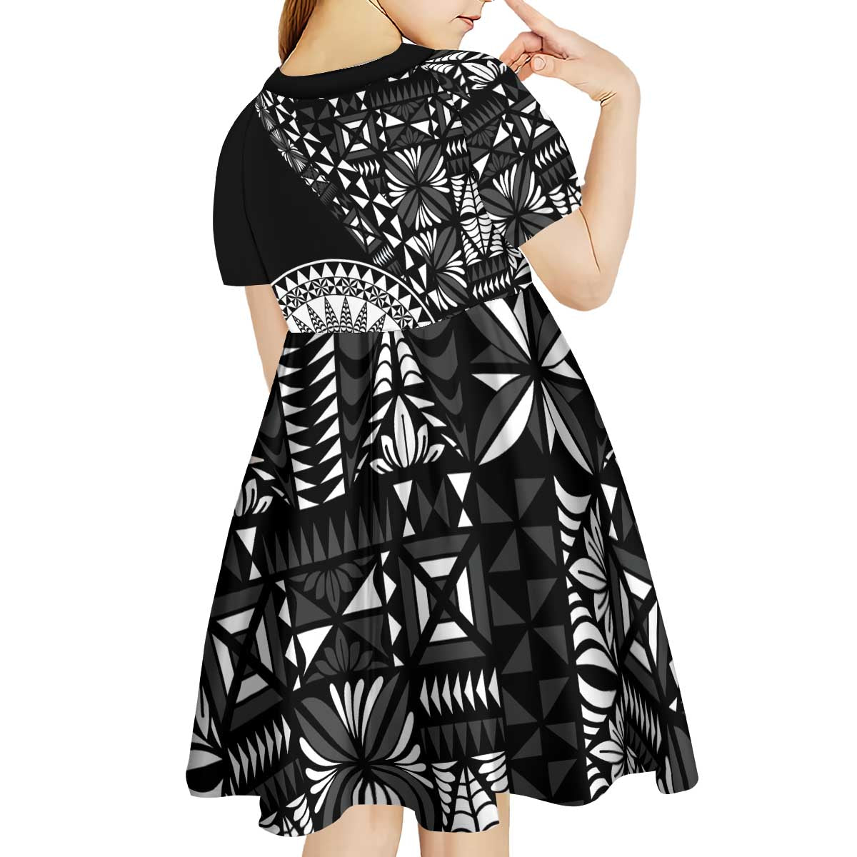 Black Tongan Ngatu Fonulei Pattern Kid Short Sleeve Dress LT9 - Polynesian Pride