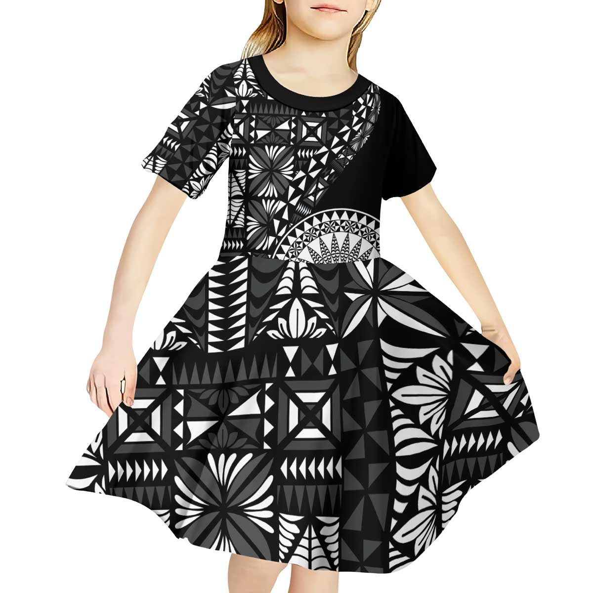 Black Tongan Ngatu Fonulei Pattern Kid Short Sleeve Dress LT9 - Polynesian Pride