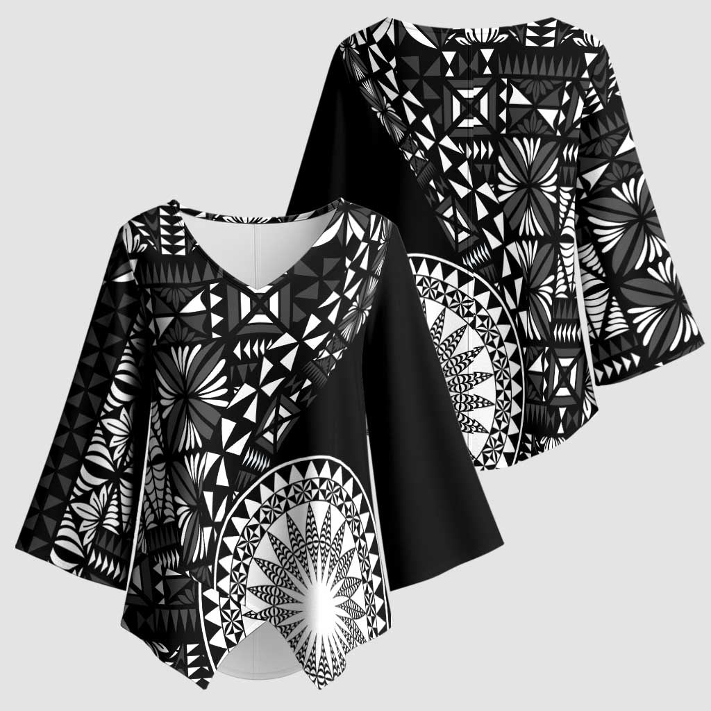 Black Tongan Ngatu Fonulei Pattern Kimono Sleeve Blouse LT9 - Polynesian Pride