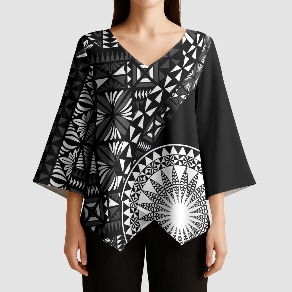 Black Tongan Ngatu Fonulei Pattern Kimono Sleeve Blouse LT9 - Polynesian Pride