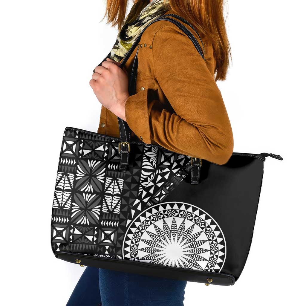 Black Tongan Ngatu Fonulei Pattern Leather Tote Bag LT9 Black - Polynesian Pride