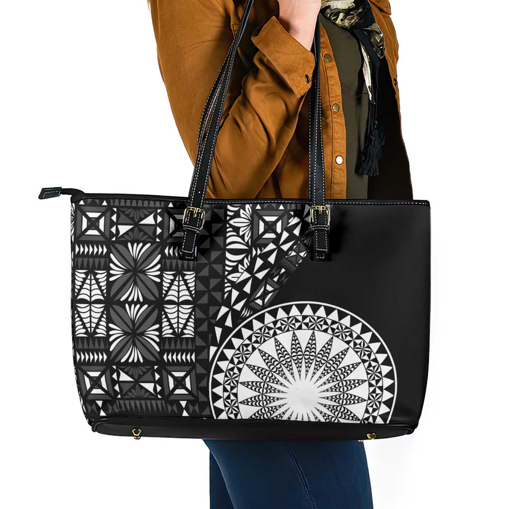 Black Tongan Ngatu Fonulei Pattern Leather Tote Bag LT9 - Polynesian Pride