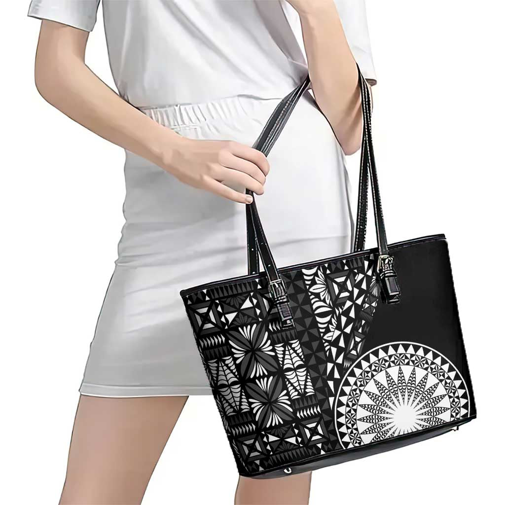 Black Tongan Ngatu Fonulei Pattern Leather Tote Bag LT9 - Polynesian Pride