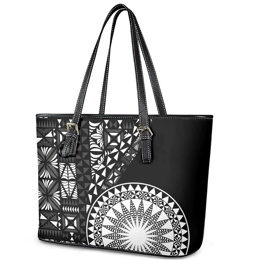 Black Tongan Ngatu Fonulei Pattern Leather Tote Bag LT9 - Polynesian Pride