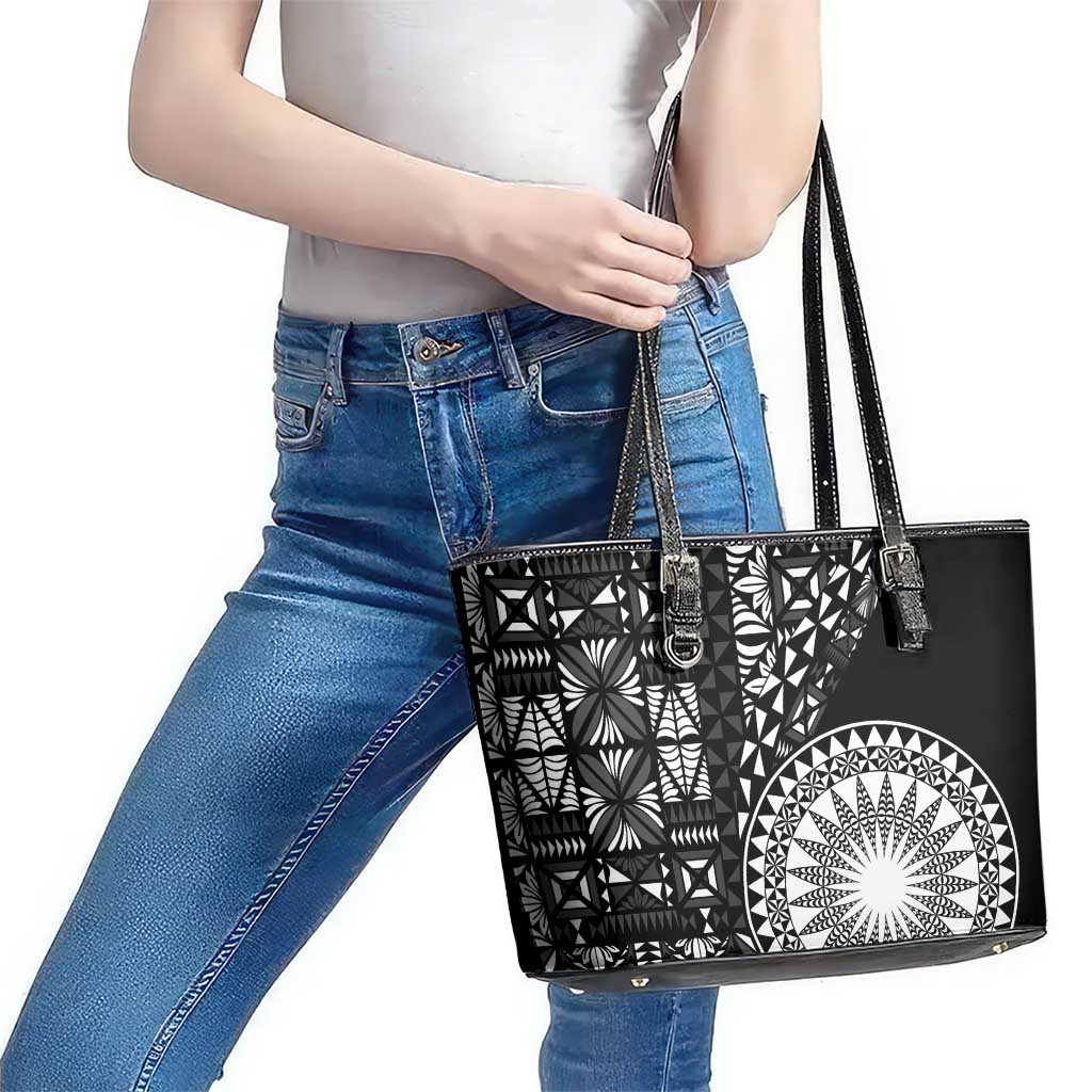 Black Tongan Ngatu Fonulei Pattern Leather Tote Bag LT9 - Polynesian Pride