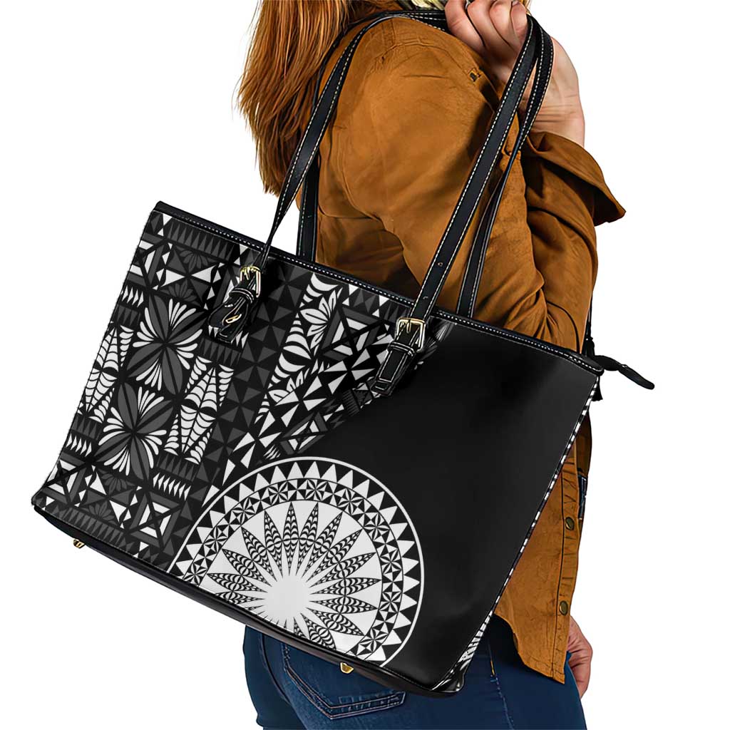 Black Tongan Ngatu Fonulei Pattern Leather Tote Bag LT9 - Polynesian Pride