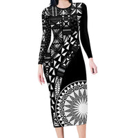 Black Tongan Ngatu Fonulei Pattern Long Sleeve Bodycon Dress