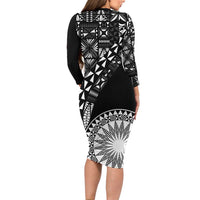 Black Tongan Ngatu Fonulei Pattern Long Sleeve Bodycon Dress