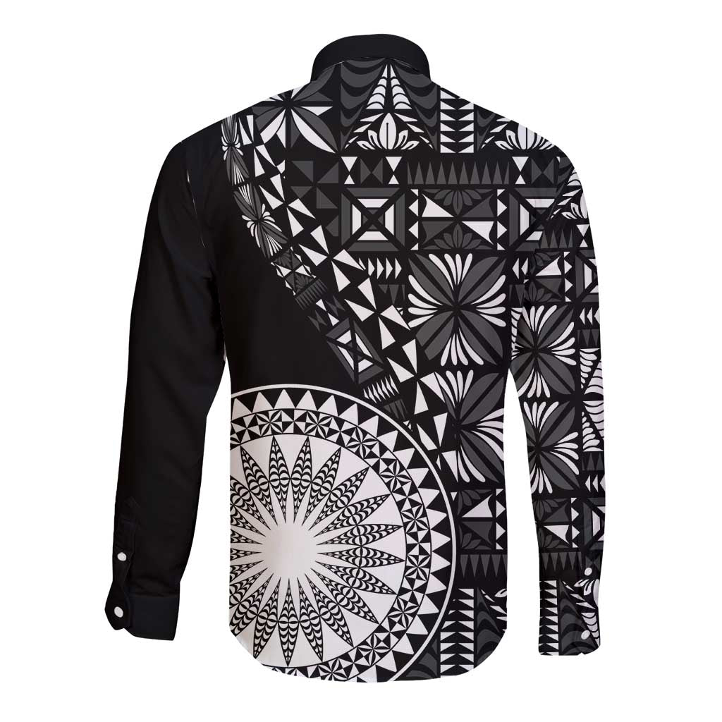 Black Tongan Ngatu Fonulei Pattern Long Sleeve Button Shirt LT9 - Polynesian Pride