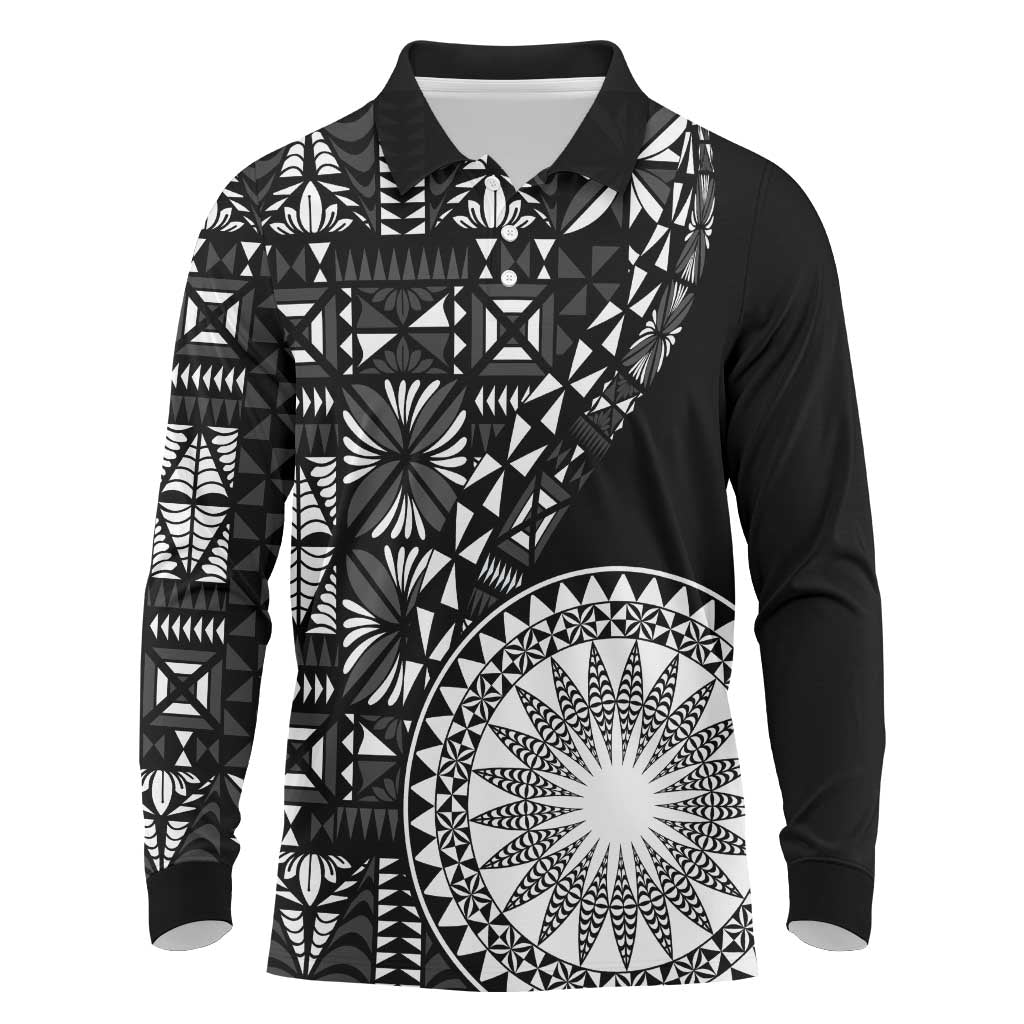 Black Tongan Ngatu Fonulei Pattern Long Sleeve Polo Shirt