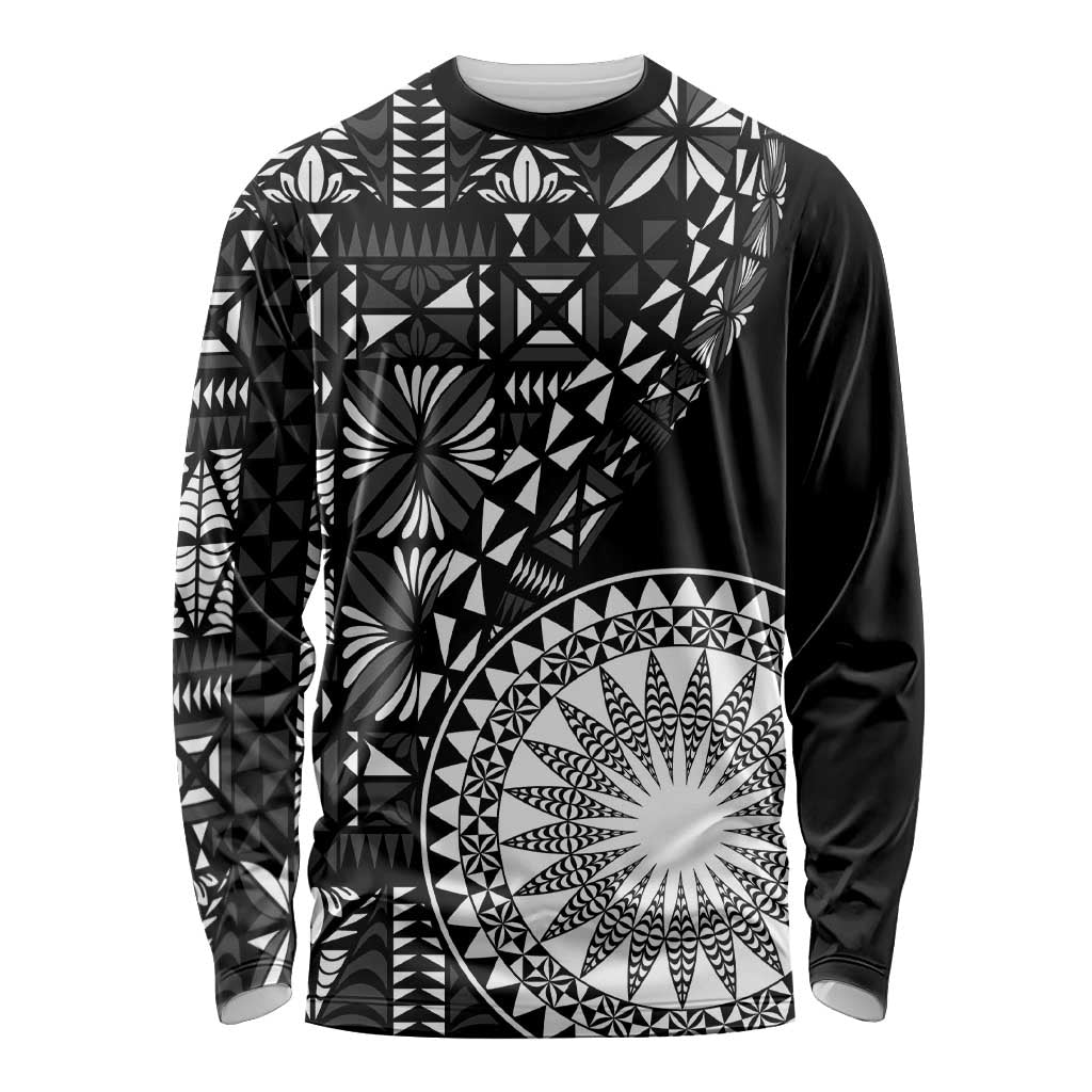 Black Tongan Ngatu Fonulei Pattern Long Sleeve Shirt LT9 Unisex Black - Polynesian Pride