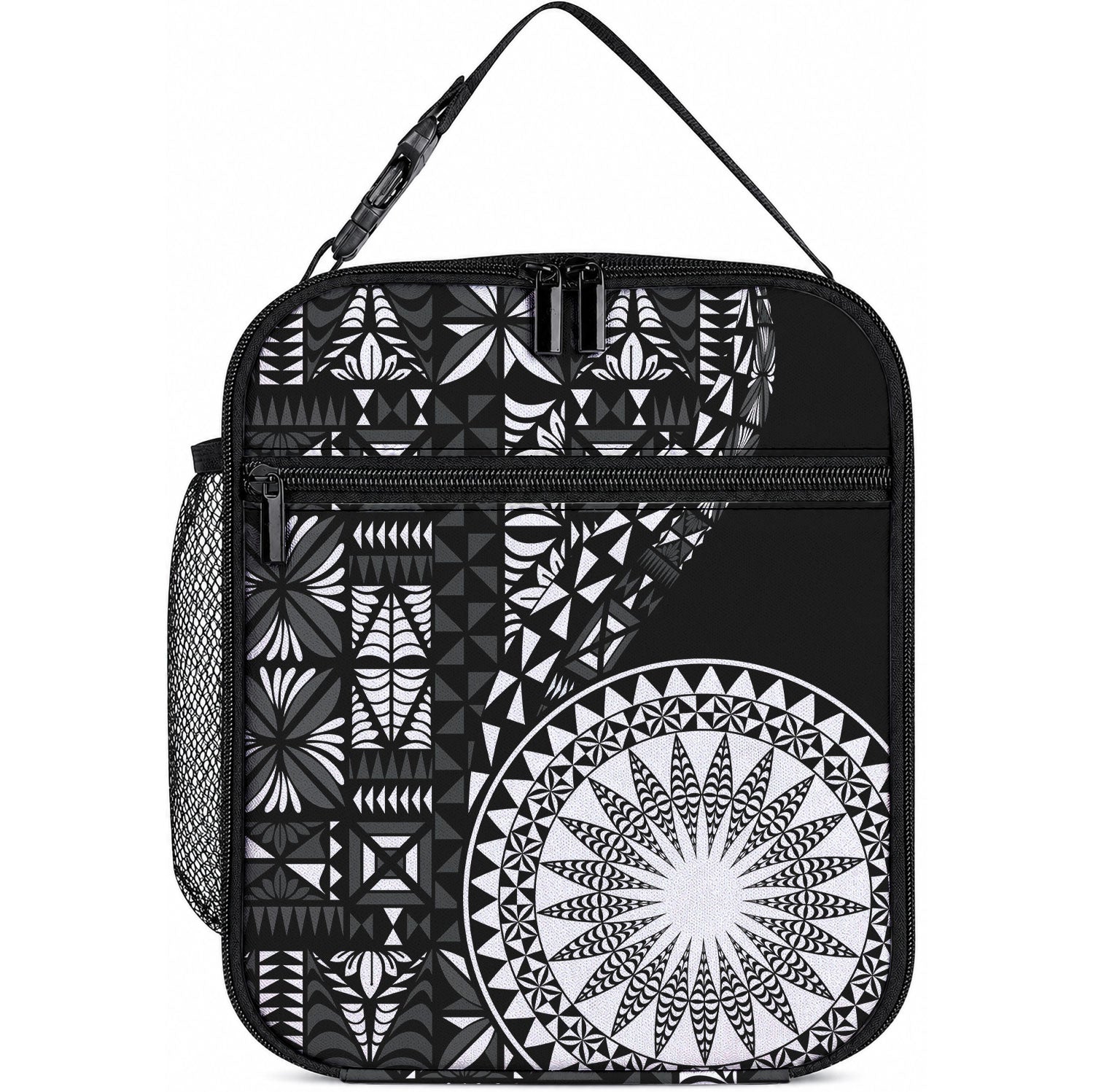 Black Tongan Ngatu Fonulei Pattern Lunch Bag LT9 10.2 × 8.3 × 4.3 inch Black - Polynesian Pride