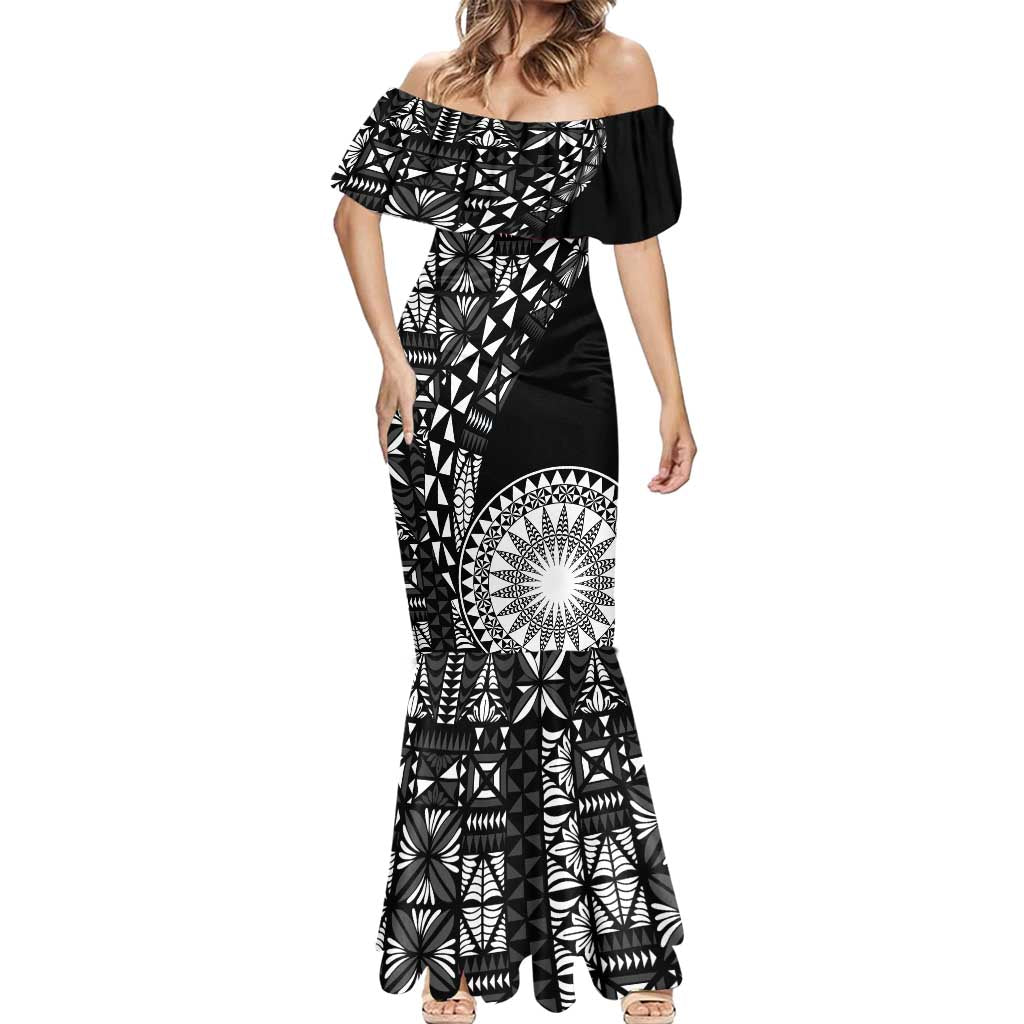 Black Tongan Ngatu Fonulei Pattern Mermaid Dress LT9 - Polynesian Pride