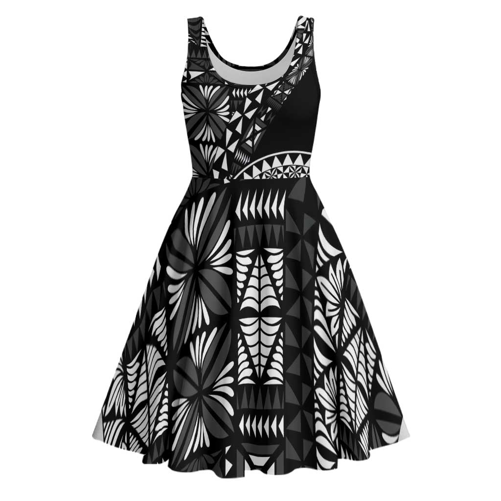 Black Tongan Ngatu Fonulei Pattern Midi Dress - Polynesian Pride