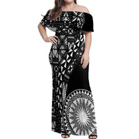 Black Tongan Ngatu Fonulei Pattern Off Shoulder Maxi Dress LT9 Women Black - Polynesian Pride