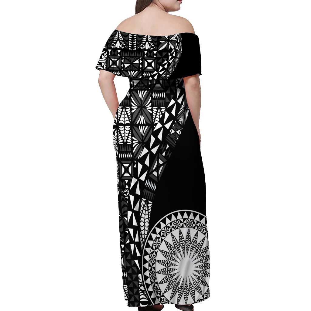 Black Tongan Ngatu Fonulei Pattern Off Shoulder Maxi Dress LT9 - Polynesian Pride