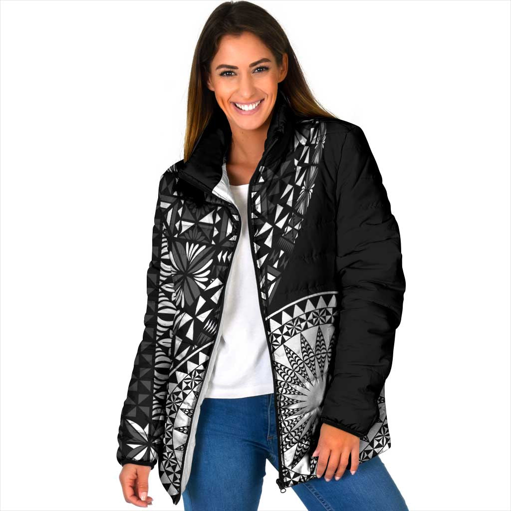 Black Tongan Ngatu Fonulei Pattern Padded Jacket LT9 Women Black - Polynesian Pride