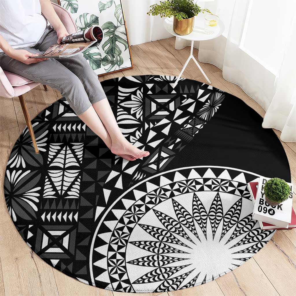 Black Tongan Ngatu Fonulei Pattern Round Carpet