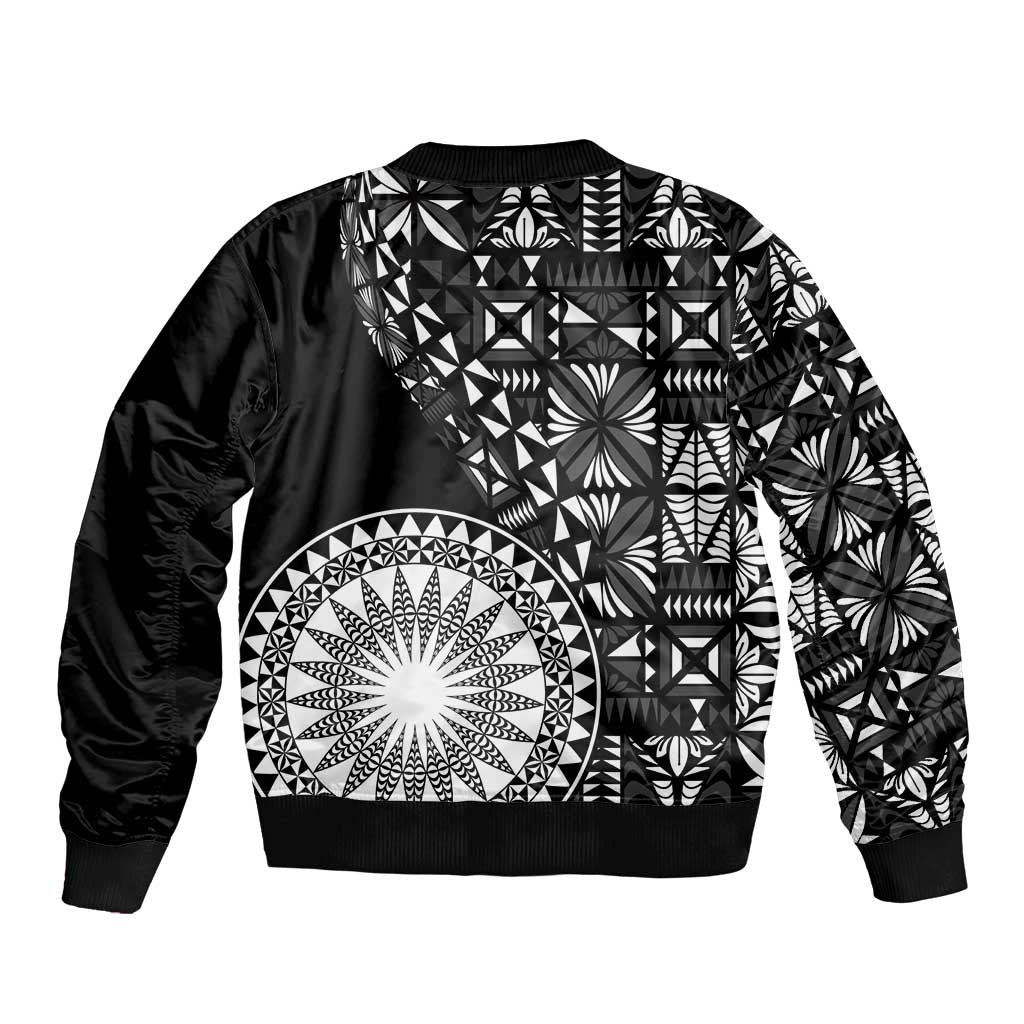 Black Tongan Ngatu Fonulei Pattern Sleeve Zip Bomber Jacket