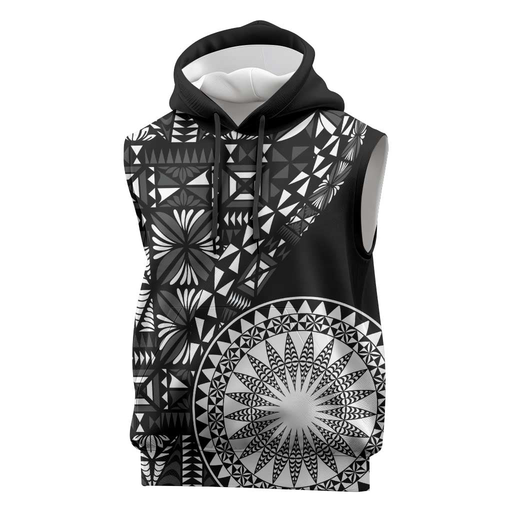 Black Tongan Ngatu Fonulei Pattern Sleeveless Hoodie LT9 Black - Polynesian Pride