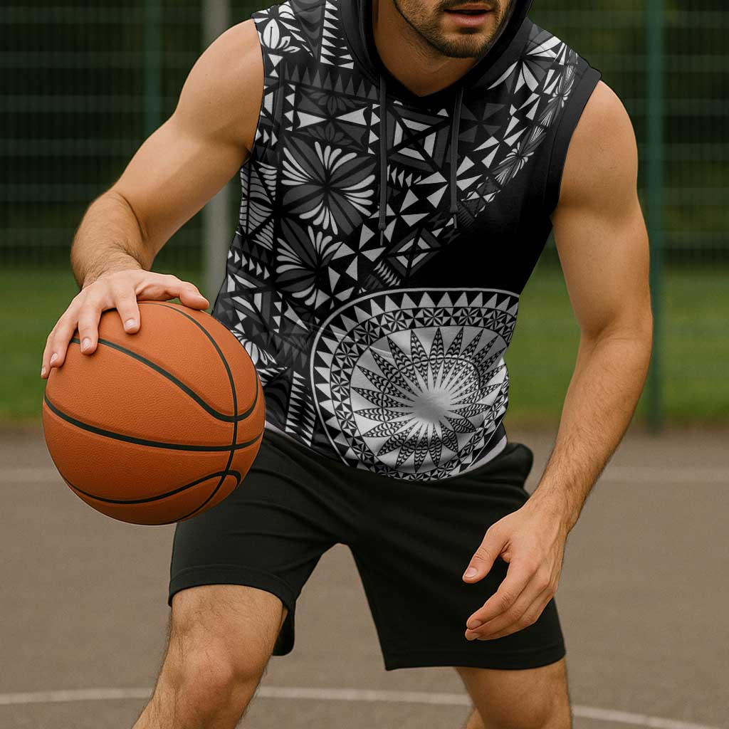 Black Tongan Ngatu Fonulei Pattern Sleeveless Hoodie LT9 - Polynesian Pride