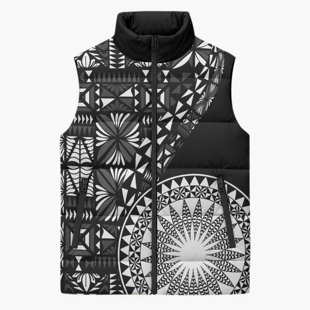 Black Tongan Ngatu Fonulei Pattern Sleeveless Puffer Jacket LT9 Unisex Black - Polynesian Pride