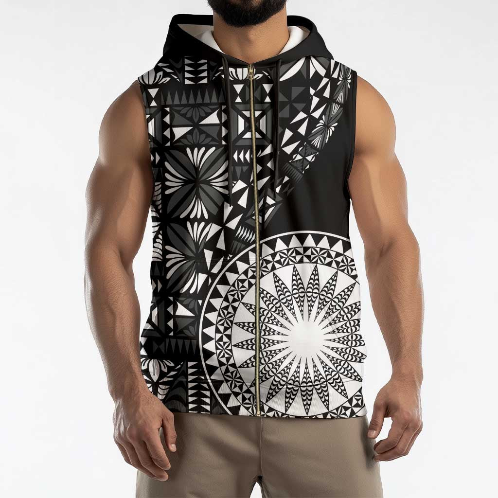 Black Tongan Ngatu Fonulei Pattern Sleeveless Zip Hoodie - Polynesian Pride
