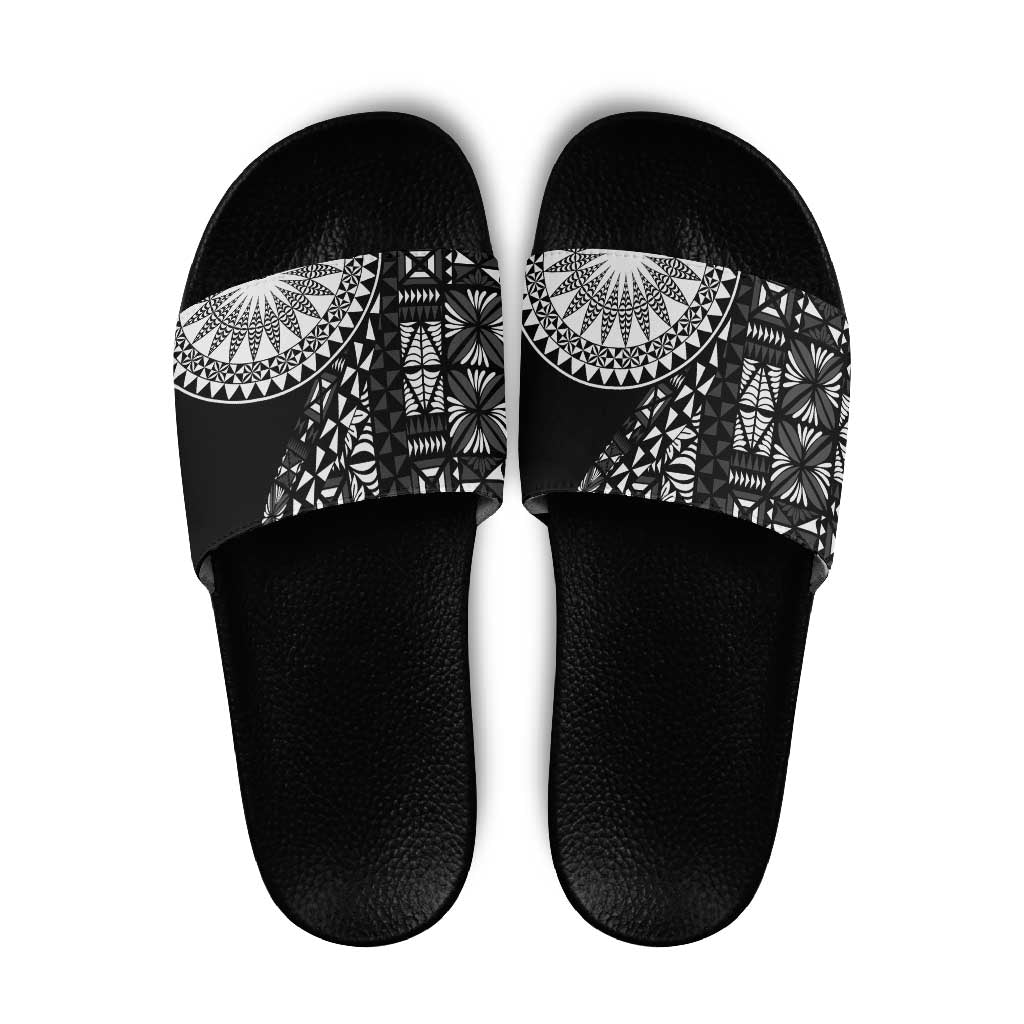 Black Tongan Ngatu Fonulei Pattern Slide Sandals - Polynesian Pride