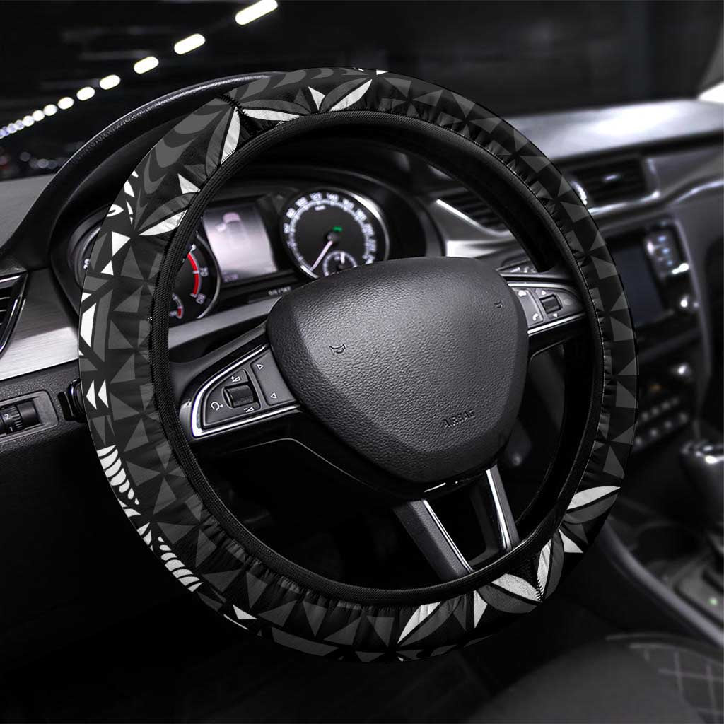 Black Tongan Ngatu Fonulei Pattern Steering Wheel Cover LT9 Universal Fit Black - Polynesian Pride