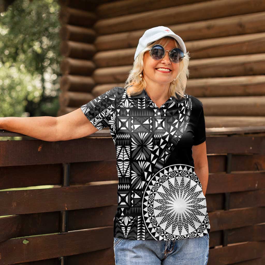 Black Tongan Ngatu Fonulei Pattern Women Polo Shirt