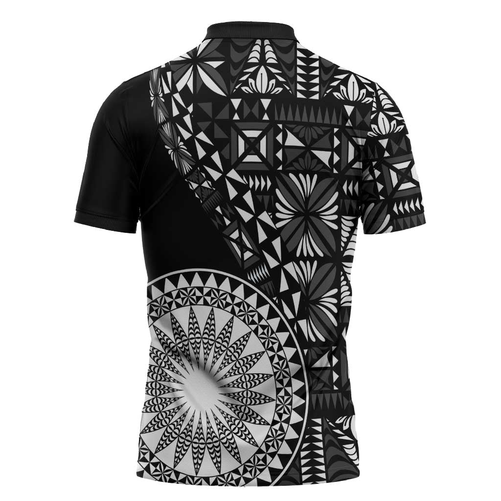 Black Tongan Ngatu Fonulei Pattern Zipper Polo Shirt LT9 - Polynesian Pride