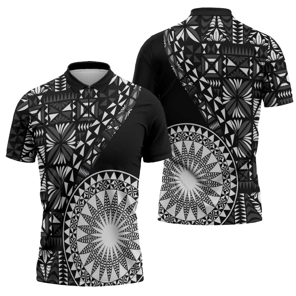 Black Tongan Ngatu Fonulei Pattern Zipper Polo Shirt LT9 - Polynesian Pride