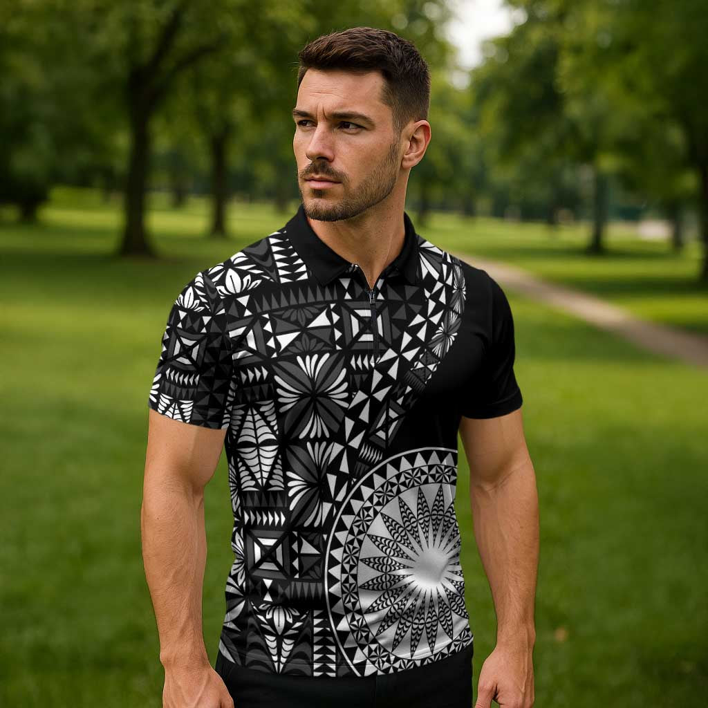 Black Tongan Ngatu Fonulei Pattern Zipper Polo Shirt LT9 - Polynesian Pride