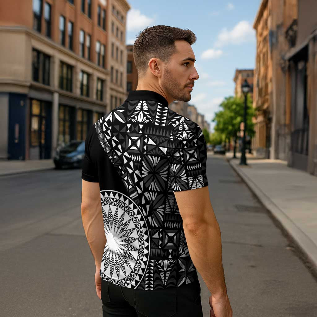 Black Tongan Ngatu Fonulei Pattern Zipper Polo Shirt LT9 - Polynesian Pride