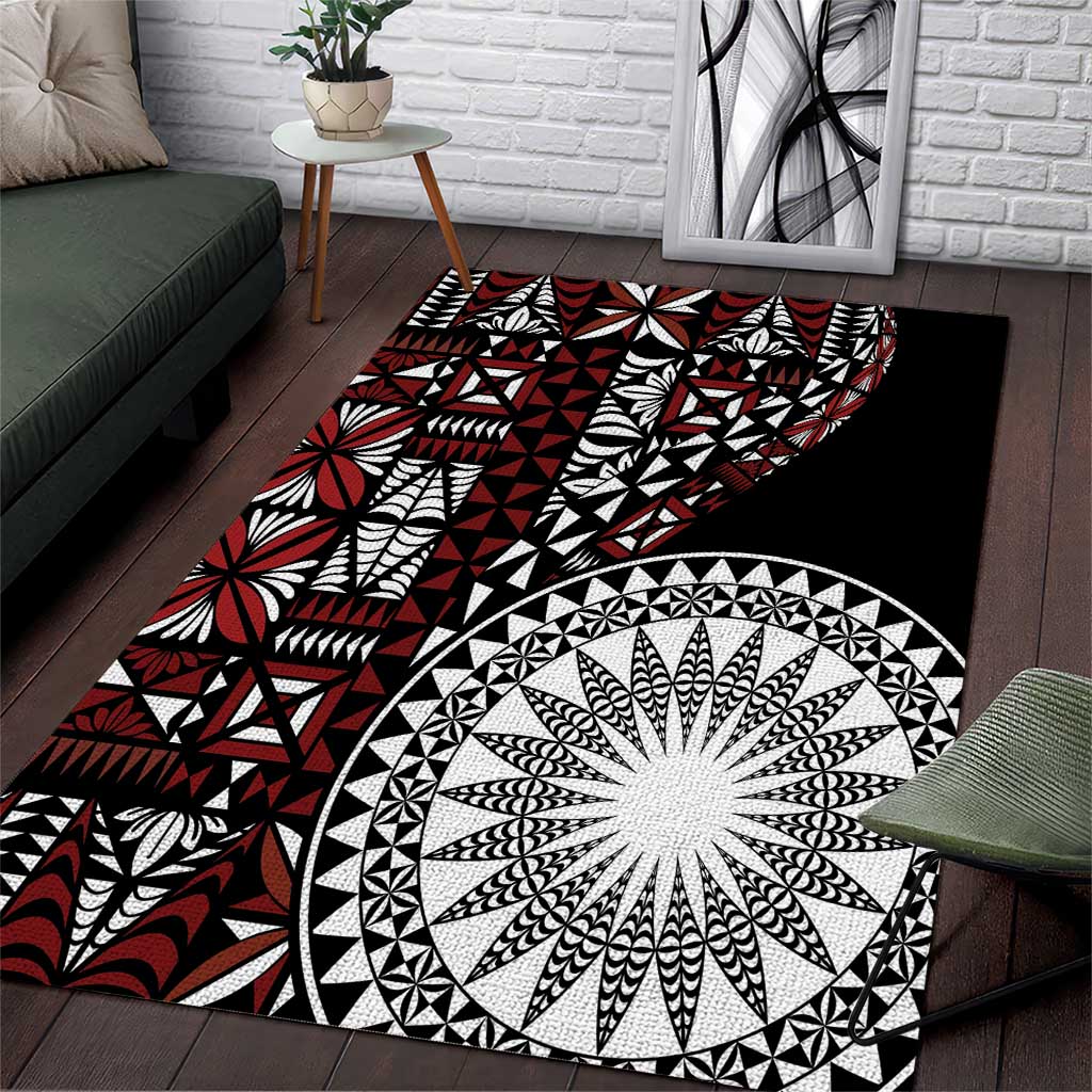 Red Tongan Ngatu Fonulei Pattern Area Rug