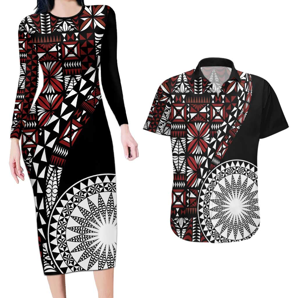 Red Tongan Ngatu Fonulei Pattern Couples Matching Long Sleeve Bodycon Dress and Hawaiian Shirt LT9 Red - Polynesian Pride